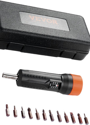 VEVOR electric screwdriver set with black and orange design, features a rechargeable screwdriver and 8 precision bits.