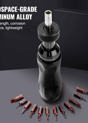 Aerospace-grade aluminum alloy screwdriver in black with 10 interchangeable bits, designed for strength and lightweight use.