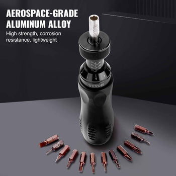 Aerospace-grade aluminum alloy screwdriver in black with 10 interchangeable bits, designed for strength and lightweight use.