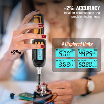 Digital torque wrench in black and yellow with LCD display, ideal for oscilloscopes, precise measurements.
