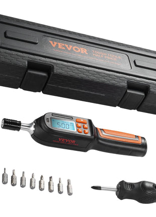 Digital torque wrench set in black and orange, featuring a hard case, 10 bits, and a precision LCD display.