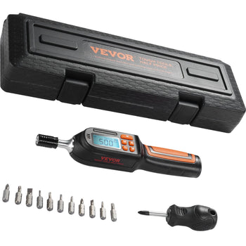 Digital torque wrench set in black and orange, featuring a hard case, 10 bits, and a precision LCD display.