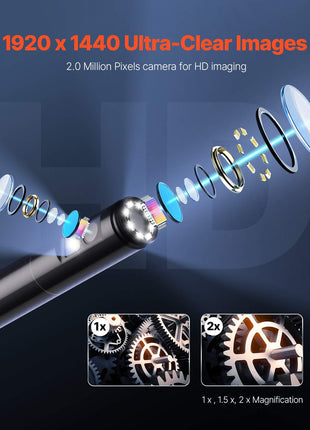 Endoscope Camera with Light, Dual Lens Borescope for Android & IOS, 1920P HD Inspection Camera with 8 + 1 LED Lights, 2X Zoom, 10FT Snake Cable, IP67 Waterproof Snake Camera for Auto, Plumbing