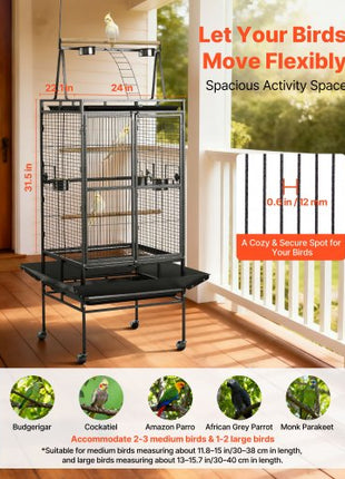 Bird Cage, 32.7 x 31.1 x 82.7 inch, Open Flat Top, Wrought Iron Bird Flight Cage with Perches, Slide-Out Tray, Plastic Feeders, for Cockatiel, Monk Parakeet, Amazon Parrot, African Grey Parrot