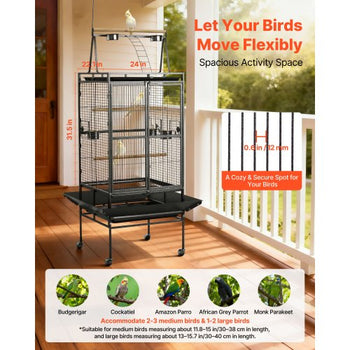 Bird Cage, 32.7 x 31.1 x 82.7 inch, Open Flat Top, Wrought Iron Bird Flight Cage with Perches, Slide-Out Tray, Plastic Feeders, for Cockatiel, Monk Parakeet, Amazon Parrot, African Grey Parrot