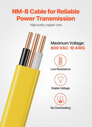 NM-B Wire, 10AWG/2C Non-Mettalic Residential Indoor Electrical Wire with Ground, PVC Sheathed High-Purity Copper Core Cable, for Outlets, Switches, Other Loads & Lighting Wiring Projects(50 ft)
