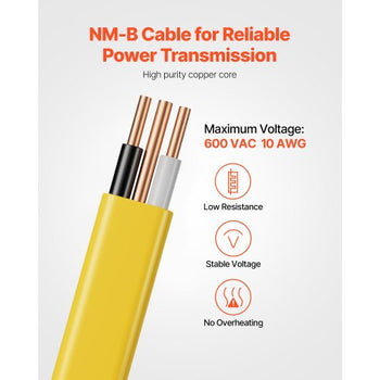 NM-B Wire, 10AWG/2C Non-Mettalic Residential Indoor Electrical Wire with Ground, PVC Sheathed High-Purity Copper Core Cable, for Outlets, Switches, Other Loads & Lighting Wiring Projects(50 ft)