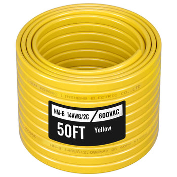 NM-B Wire, 14AWG/2C Non-Mettalic Residential Indoor Electrical Wire with Ground, PVC Sheathed High-Purity Copper Core Cable, for Outlets, Switches, Other Loads & Lighting Wiring Projects(50 ft)