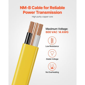 NM-B Wire, 14AWG/2C Non-Mettalic Residential Indoor Electrical Wire with Ground, PVC Sheathed High-Purity Copper Core Cable, for Outlets, Switches, Other Loads & Lighting Wiring Project(100 ft)