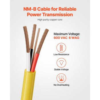 NM-B Wire, 6AWG/3C Non-Mettalic Residential Indoor Electrical Wire with Ground, PVC Sheathed High-Purity Copper Core Cable, for Outlets, Switches, Other Loads & Lighting Wiring Projects(50 ft)