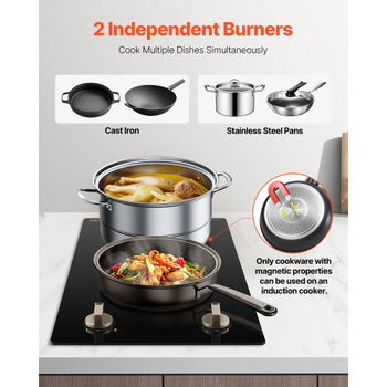 Induction Cooktop, 1800W Electric Countertop Burner, 2 Burner Knob Control Stove, Built-in Induction Cooktop with 12 Temperature Settings, Glass Surface, Auto Shut-Off