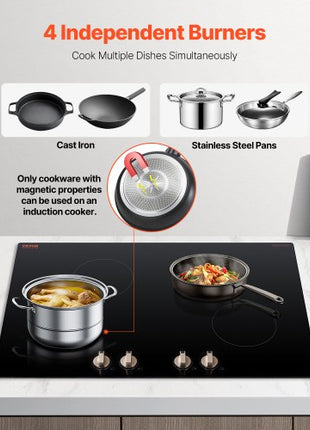Induction Cooktop, 6600W Electric Countertop Burner, 4 Burner Knob Control Stove, Built-in Induction Cooktop with 12 Temperature Settings, Glass Surface, Auto Shut-Off
