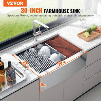 Farmhouse Kitchen Sink, 304 Stainless Steel Drop-In Sinks, Top Mount Single Bowl Basin with Ledge & Accessories, Household Dishwasher Sinks for Workstation, Prep Kitchen, and Bar Sink, 30 inch