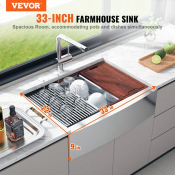 Farmhouse Kitchen Sink, 304 Stainless Steel Drop-In Sinks, Top Mount Single Bowl Basin with Ledge & Accessories, Household Dishwasher Sinks for Workstation, Prep Kitchen, and Bar Sink, 33 inch