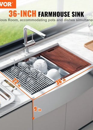 Farmhouse Kitchen Sink, 304 Stainless Steel Drop-In Sinks, Top Mount Single Bowl Basin with Ledge & Accessories, Household Dishwasher Sinks for Workstation, Prep Kitchen, and Bar Sink, 36 inch