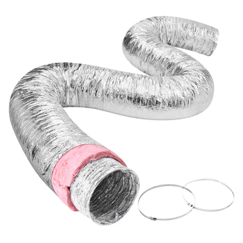 Flexible silver aluminum duct with pink insulation and metal clamps, ideal for HVAC ventilation systems.