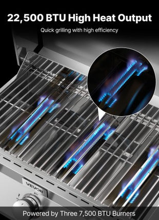 Tabletop Gas Grill, 3-Burner Stainless Steel Portable Propane Grill, with Built-in Thermometer, Travel Locks, Weatherproof Lid, 22,500 BTU Total, for Outdoor Cooking, Patio, Party, Camping, RV