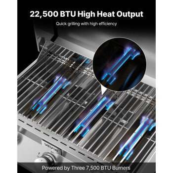 Tabletop Gas Grill, 3-Burner Stainless Steel Portable Propane Grill, with Built-in Thermometer, Travel Locks, Weatherproof Lid, 22,500 BTU Total, for Outdoor Cooking, Patio, Party, Camping, RV