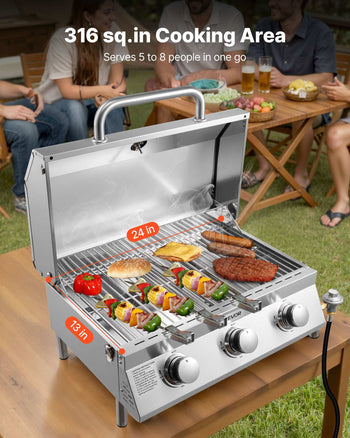 Tabletop Gas Grill, 3-Burner Stainless Steel Portable Propane Grill, with Built-in Thermometer, Travel Locks, Weatherproof Lid, 22,500 BTU Total, for Outdoor Cooking, Patio, Party, Camping, RV