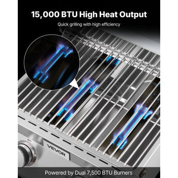 Tabletop Gas Grill, 2-Burner Stainless Steel Portable Propane Grill, with Built-in Thermometer, Travel Locks, Weatherproof Lid, 15,000 BTU Total, for Outdoor Cooking, Patio, Party, Camping, RV