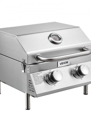 Tabletop Gas Grill, 2-Burner Stainless Steel Portable Propane Grill, with Built-in Thermometer, Travel Locks, Weatherproof Lid, 15,000 BTU Total, for Outdoor Cooking, Patio, Party, Camping, RV