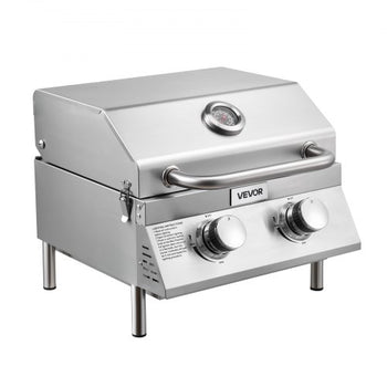 Tabletop Gas Grill, 2-Burner Stainless Steel Portable Propane Grill, with Built-in Thermometer, Travel Locks, Weatherproof Lid, 15,000 BTU Total, for Outdoor Cooking, Patio, Party, Camping, RV