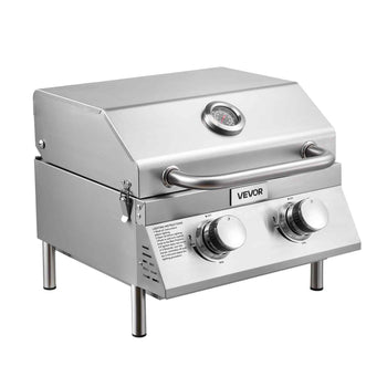 Tabletop Gas Grill, 2-Burner Stainless Steel Portable Propane Grill, with Built-in Thermometer, Travel Locks, Weatherproof Lid, 15,000 BTU Total, for Outdoor Cooking, Patio, Party, Camping, RV