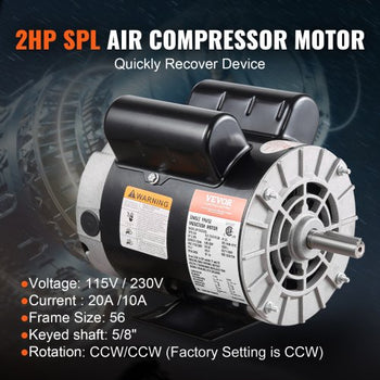 2HP SPL Air Compressor Electric Motor, 115/230V, 20/10 Amps, 56 Frame 3450RPM, 5/8" Keyed Shaft, 1.88" Shaft Length, Single Phase, CCW/CW (Factory Setting is CCW)