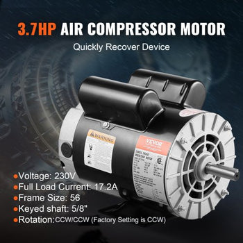 3.7HP Air Compressor Motor, 3450RPM Electric Motor, 230V 17.2 Amps, 5/8" Keyed Shaft 56 Frame, 1.88" Shaft Length, Single Phase, CCW/CW Rotation (Factory Setting is CCW)