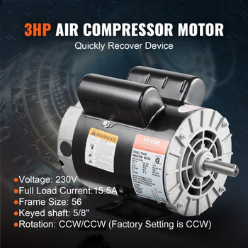 3HP Air Compressor Electric Motor, 230V 15.5 Amps, 56 Frame 3450RPM, 5/8" Keyed Shaft, 1.88" Shaft Length, Single Phase, CW/CCW Rotation (Factory Setting is CCW)