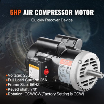 5HP Air Compressor Electric Motor, 230V 25 Amps, 56HZ Frame 3450RPM, 7/8" Keyed Shaft, 2.25" Shaft Length, Single Phase, CCW/CW (Factory Setting is CCW)