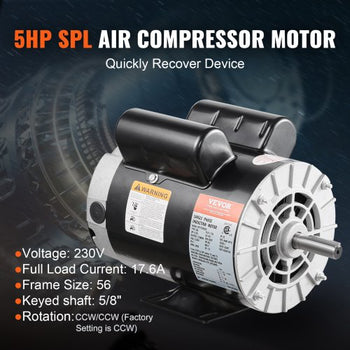 5HP SPL Air Compressor Electric Motor, 230V 17.6Amps, 56 Frame 3450RPM, 5/8" Keyed Shaft, 1.88" Shaft Length, CW/CCW Rotation (Factory Setting is CCW), Single Phase