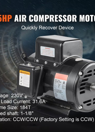 7.5HP Air Compressor Motor, 230V 31.6 Amps Electric Motor, 3450RPM 184T Frame, 1-1/8" Keyed Shaft, 2.75" Shaft Length for Air Compressors, Single Phase, CCW/CCW (Factory Setting is CCW)