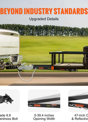 Heavy-duty trailer hitch with a black finish, featuring a high-hardness grade 8.8 bolt and reflective tape.
