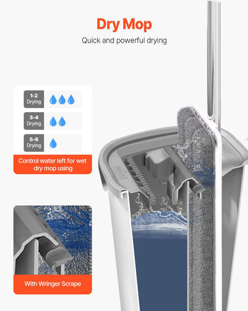 Mop and Bucket with Wringer Set, Wet & Dry Use, Flat Mop and Bucket System with 3 Washable Microfiber Pads, Flat Mop with Stainless Steel Handle, Mop Bucket Set for Hardwood Tile Vinyl