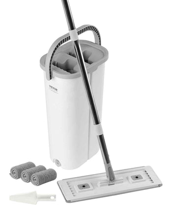 Mop and Bucket with Wringer Set, Wet & Dry Use, Flat Mop and Bucket System with 3 Washable Microfiber Pads, Flat Mop with Stainless Steel Handle, Mop Bucket Set for Hardwood Tile Vinyl