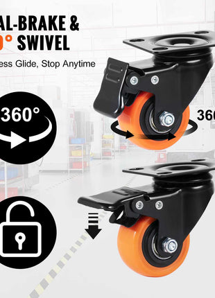 Dual-brake swivel caster wheels, 360° rotation, black base, orange durable rubber, ideal for smooth movement and safety.