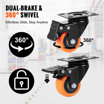 Dual-brake swivel caster wheels, 360° rotation, black base, orange durable rubber, ideal for smooth movement and safety.