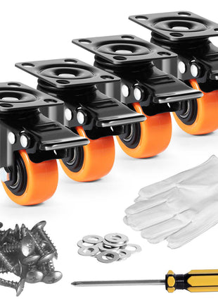Set of 4 orange and black swivel caster wheels with hardware, gloves, and screwdriver for easy mobility and installation.