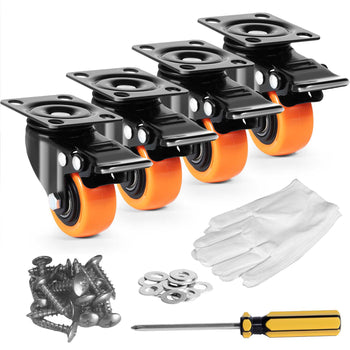 Set of 4 orange and black swivel caster wheels with hardware, gloves, and screwdriver for easy mobility and installation.
