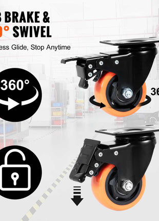 Black swivel caster wheels with orange rubber wheels, featuring A/B brake for 360° effortless movement.