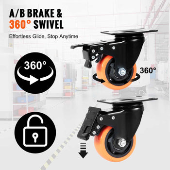 Black swivel caster wheels with orange rubber wheels, featuring A/B brake for 360° effortless movement.