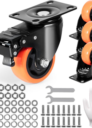 Orange polyurethane swivel caster wheels with black metal mounting plates, accessories, and a glove for easy installation.