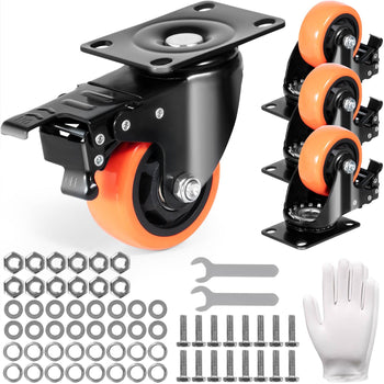 Orange polyurethane swivel caster wheels with black metal mounting plates, accessories, and a glove for easy installation.
