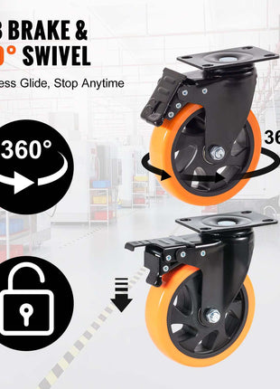 A/B brake 360° swivel caster wheels, black and orange, durable rubber, ideal for smooth movement and secure stopping.