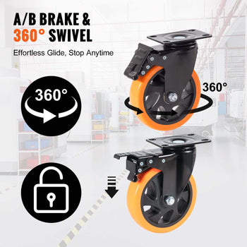 A/B brake 360° swivel caster wheels, black and orange, durable rubber, ideal for smooth movement and secure stopping.