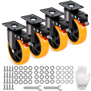 Black industrial caster wheels with orange hard rubber tread, featuring brakes and included hardware for easy installation.