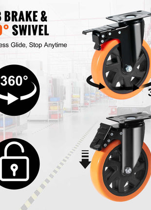 Black and orange 360° swivel casters with A/B brake for easy mobility and secure stopping. Perfect for carts and furniture.