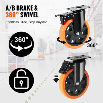 Black and orange 360° swivel casters with A/B brake for easy mobility and secure stopping. Perfect for carts and furniture.