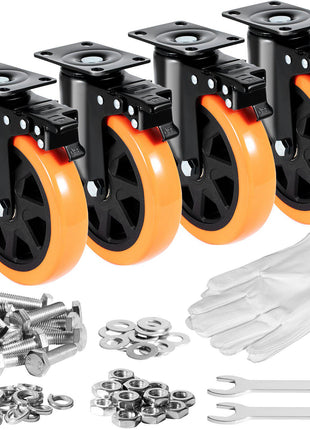 Set of 4 black and orange swivel caster wheels with metal hardware, gloves, and tools for easy installation.